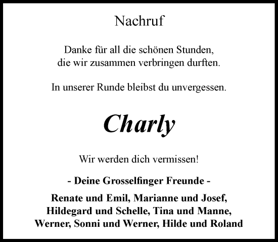 Traueranzeige von Charly  von Rieser Nachrichten