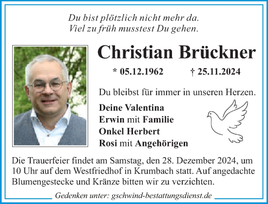 Traueranzeige von Christian Brückner von Mittelschwäbische Nachrichten