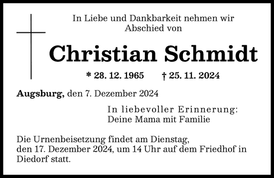 Traueranzeige von Christian Schmidt von Augsburger Allgemeine