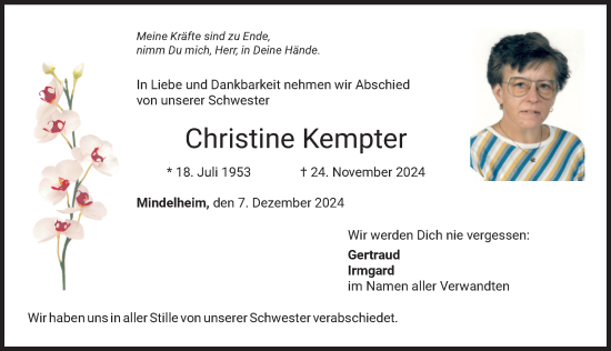 Traueranzeige von Christine Kempter von Mindelheimer Zeitung