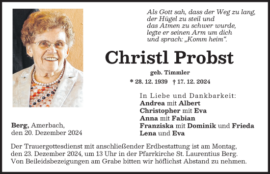Traueranzeige von Christl Probst von Donauwörther Zeitung