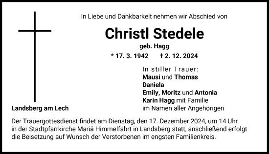 Traueranzeige von Christl Stedele von Landsberger Tagblatt
