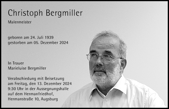 Traueranzeige von Christoph Bergmiller von Augsburger Allgemeine