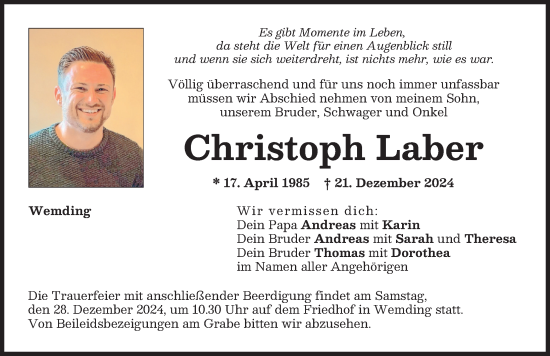 Traueranzeige von Christoph Laber von Donauwörther Zeitung