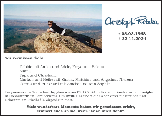 Traueranzeige von Christoph Ritzka von Donauwörther Zeitung