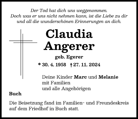 Traueranzeige von Claudia Angerer von Illertisser Zeitung