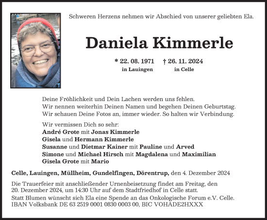 Traueranzeige von Daniela Kimmerle von Donau Zeitung