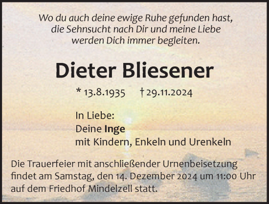 Traueranzeige von Dieter Bliesener von Mittelschwäbische Nachrichten