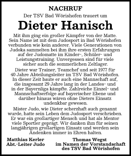 Traueranzeige von Dieter Hanisch von Mindelheimer Zeitung
