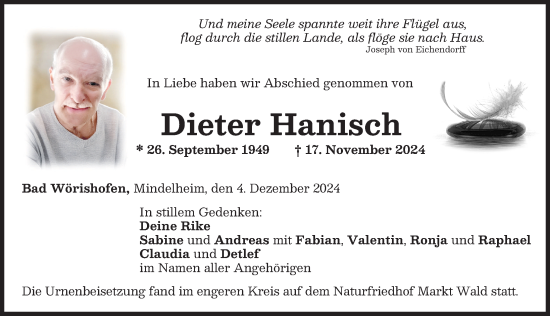 Traueranzeige von Dieter Hanisch von Mindelheimer Zeitung