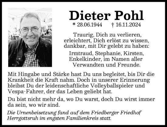 Traueranzeige von Dieter Pohl von Friedberger Allgemeine