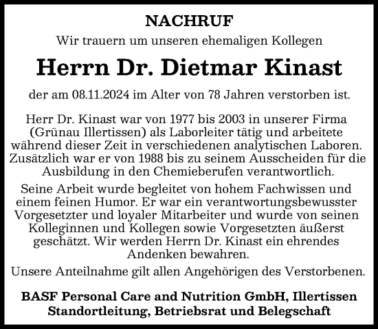 Traueranzeige von Dietmar Kinast von Illertisser Zeitung