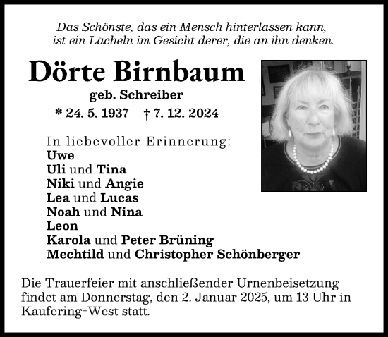Traueranzeige von Dörte Birnbaum von Landsberger Tagblatt