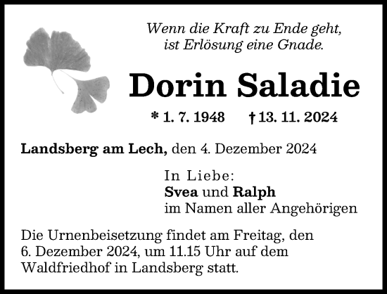 Traueranzeige von Dorin Saladie von Landsberger Tagblatt