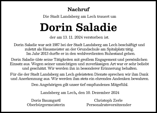 Traueranzeige von Dorin Saladie von Landsberger Tagblatt