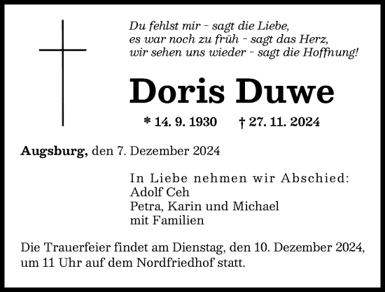 Traueranzeige von Doris Duwe von Augsburger Allgemeine