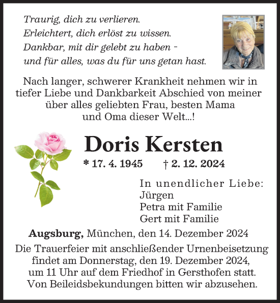 Traueranzeige von Doris Kersten von Augsburger Allgemeine