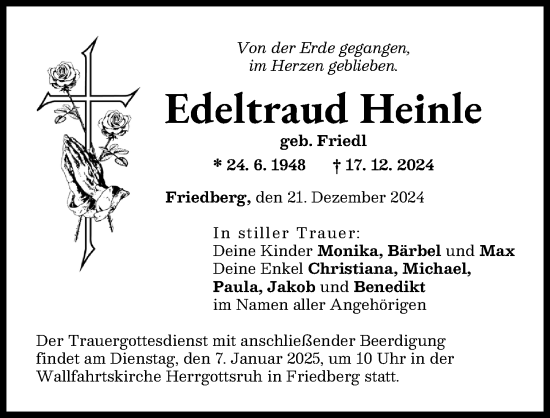 Traueranzeige von Edeltraud Heinle von Friedberger Allgemeine