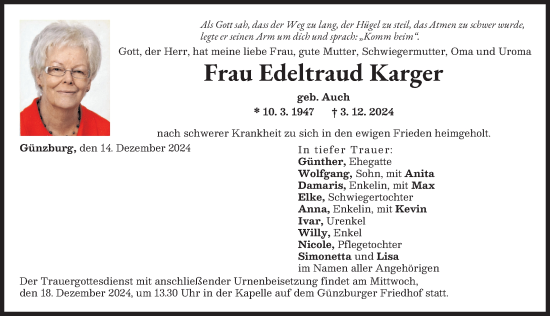 Traueranzeige von Edeltraud Karger von Günzburger Zeitung