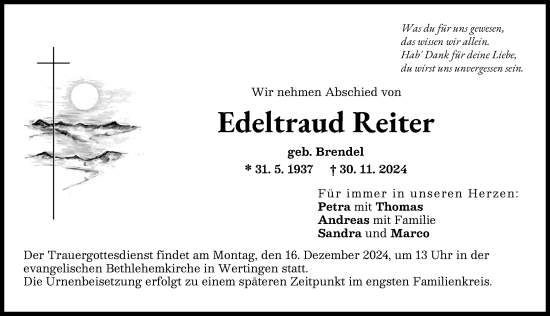 Traueranzeige von Edeltraud Reiter von Wertinger Zeitung