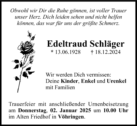 Traueranzeige von Edeltraud Schläger von Illertisser Zeitung