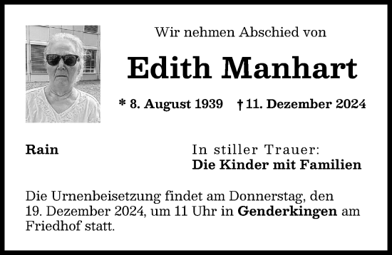 Traueranzeige von Edith Manhart von Donauwörther Zeitung