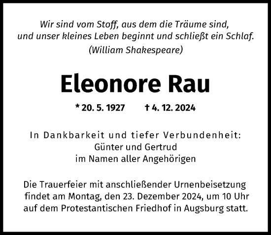 Traueranzeige von Eleonore Rau von Augsburger Allgemeine