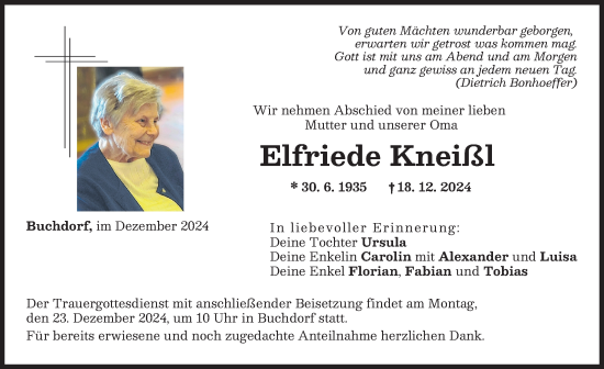 Traueranzeige von Elfriede Kneißl von Donauwörther Zeitung