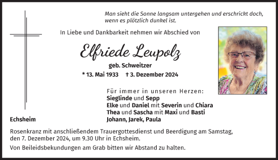 Traueranzeige von Elfriede Leupolz von Aichacher Nachrichten