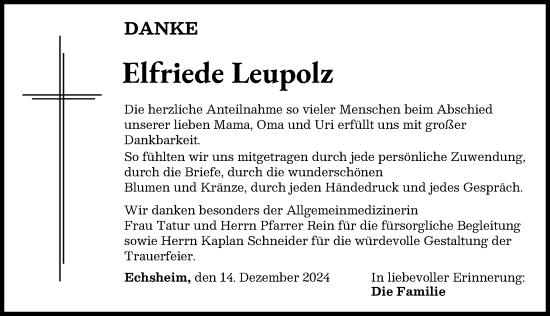 Traueranzeige von Elfriede Leupolz von Aichacher Nachrichten