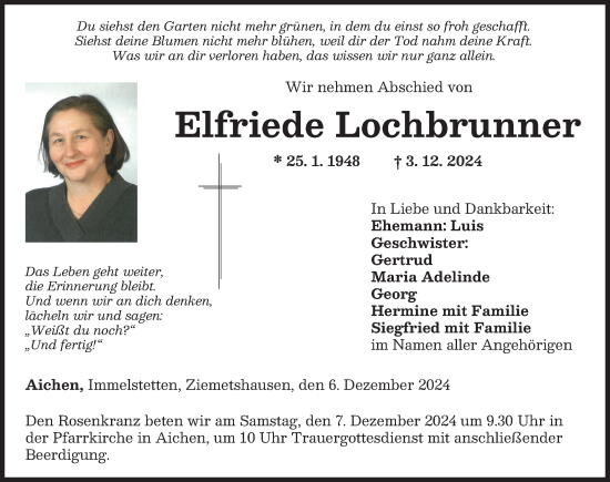 Traueranzeige von Elfriede Lochbrunner von Mindelheimer Zeitung, Mittelschwäbische Nachrichten