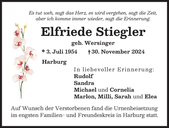 Traueranzeige von Elfriede Stiegler von Donauwörther Zeitung