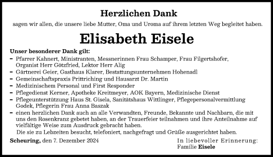Traueranzeige von Elisabeth Eisele von Landsberger Tagblatt