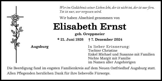 Traueranzeige von Elisabeth Ernst von Augsburger Allgemeine