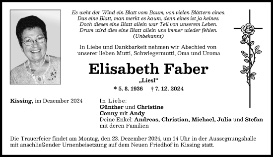 Traueranzeige von Elisabeth Faber von Friedberger Allgemeine