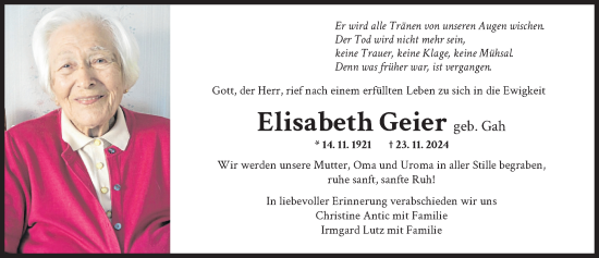 Traueranzeige von Elisabeth Geier von Augsburger Allgemeine