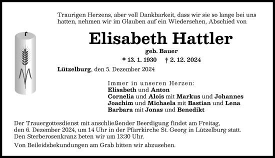 Traueranzeige von Elisabeth Hattler von Augsburg-Land
