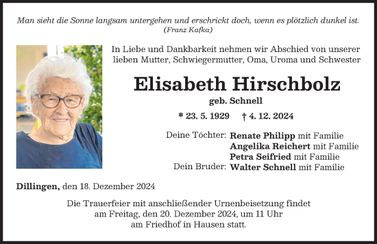 Traueranzeige von Elisabeth Hirschbolz von Donau Zeitung