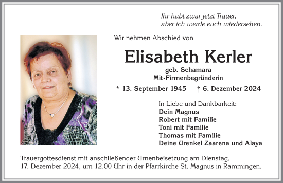 Traueranzeige von Elisabeth Kerler von Mindelheimer Zeitung