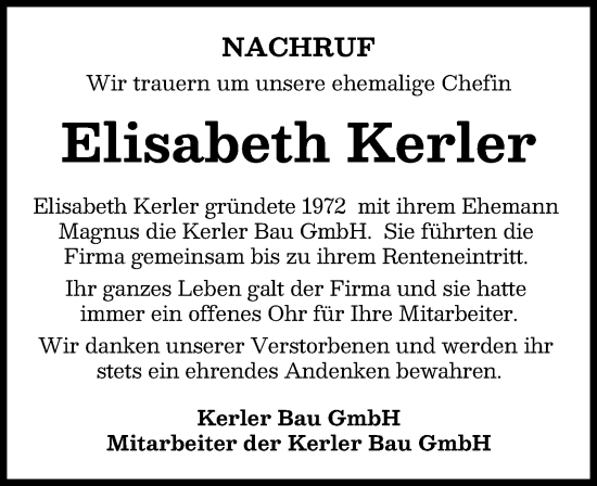 Traueranzeige von Elisabeth Kerler von Mindelheimer Zeitung