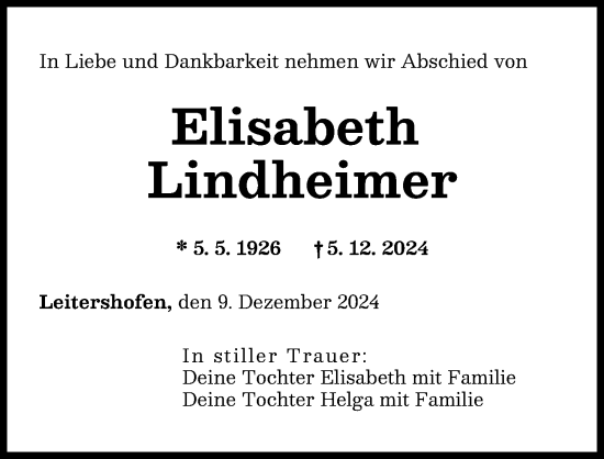 Traueranzeige von Elisabeth Lindheimer von Augsburg-Land