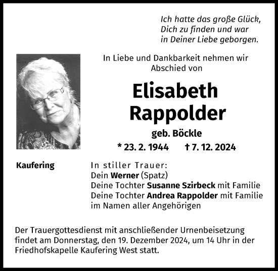 Traueranzeige von Elisabeth Rappolder von Landsberger Tagblatt