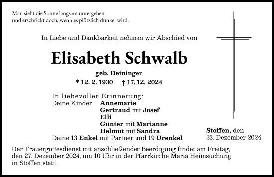 Traueranzeige von Elisabeth Schwalb von Landsberger Tagblatt