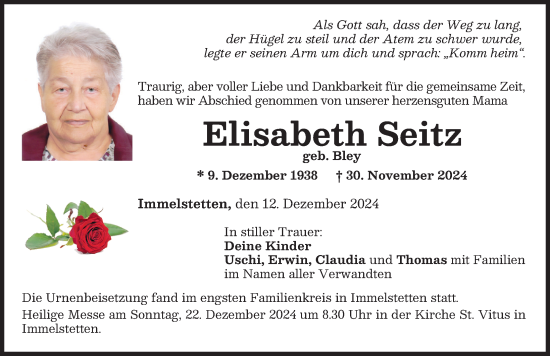 Traueranzeige von Elisabeth Seitz von Mindelheimer Zeitung