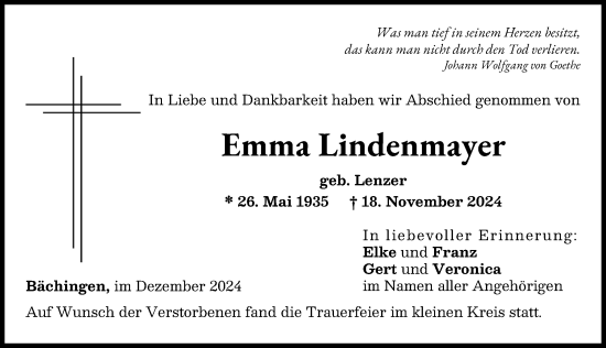 Traueranzeige von Emma Lindenmayer von Donau Zeitung