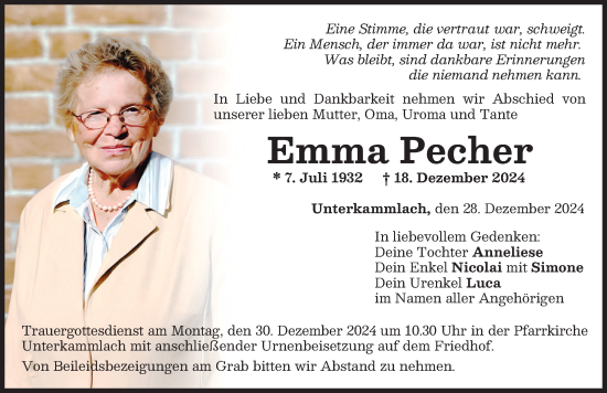 Traueranzeige von Emma Pecher von Mindelheimer Zeitung