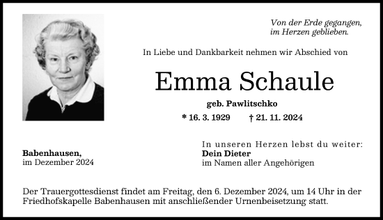 Traueranzeige von Emma Schaule von Illertisser Zeitung