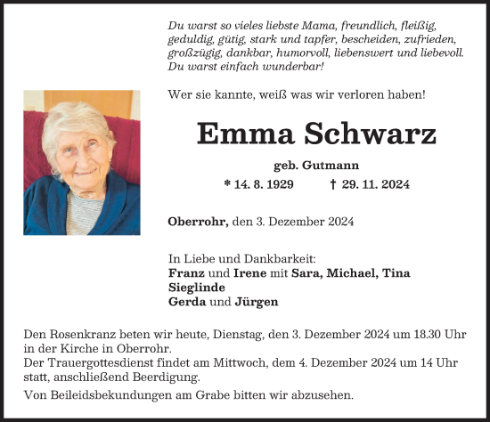 Traueranzeige von Emma Schwarz von Mittelschwäbische Nachrichten