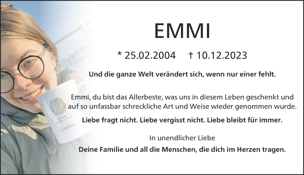  Traueranzeige für Emilia Pippilotta Fendt vom 10.12.2024 aus Schwabmünchner Allgemeine
