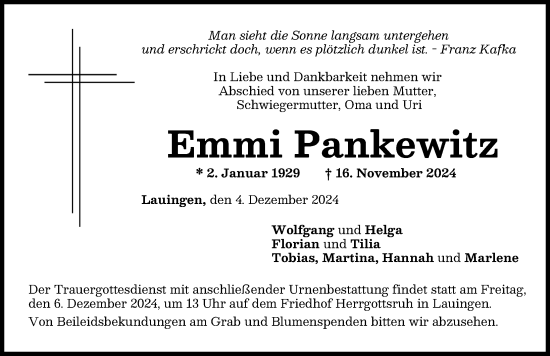 Traueranzeige von Emmi Pankewitz von Donau Zeitung